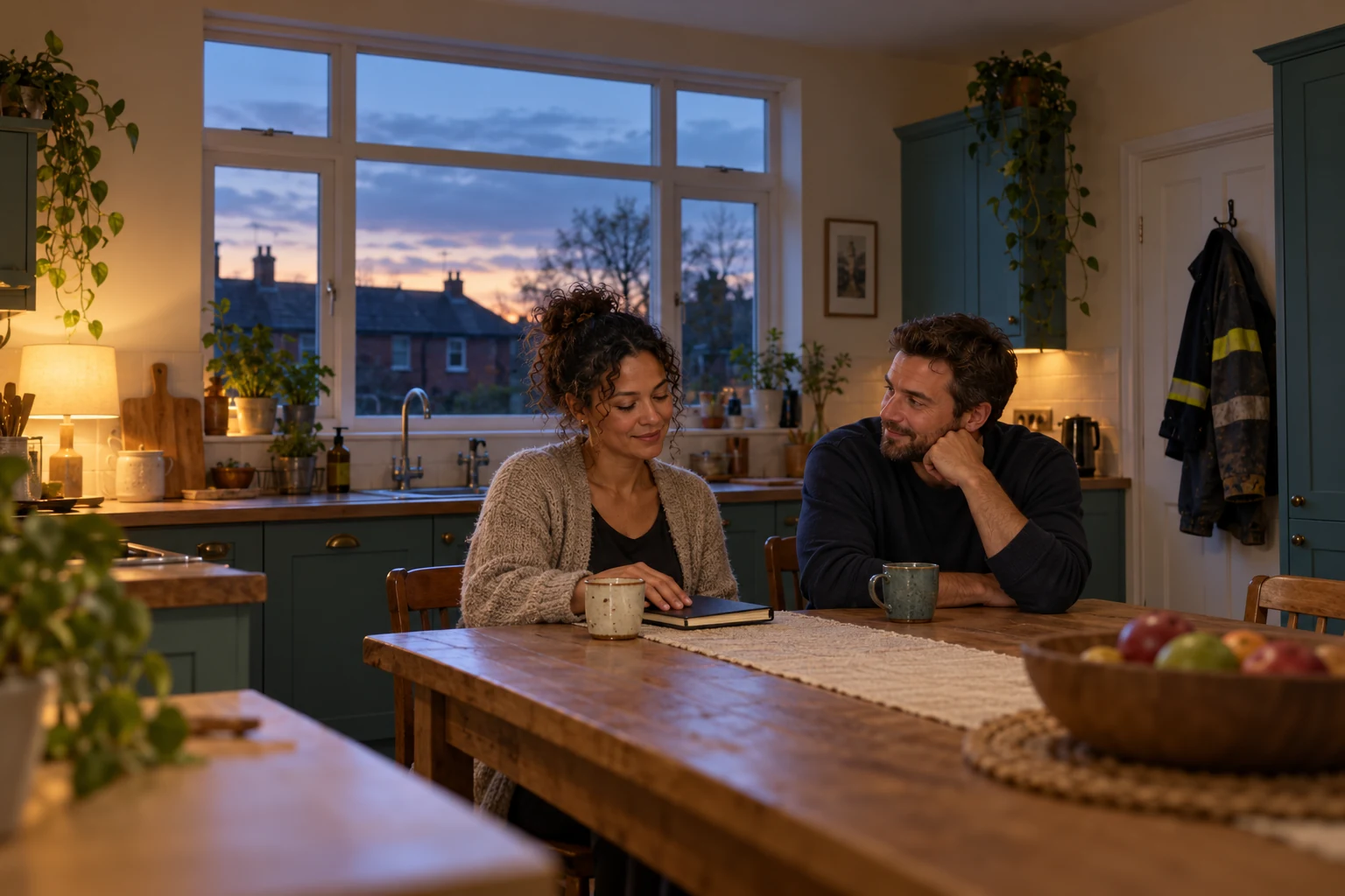 Two adults sharing a quiet evening conversation at a kitchen table with mugs and a notebook.