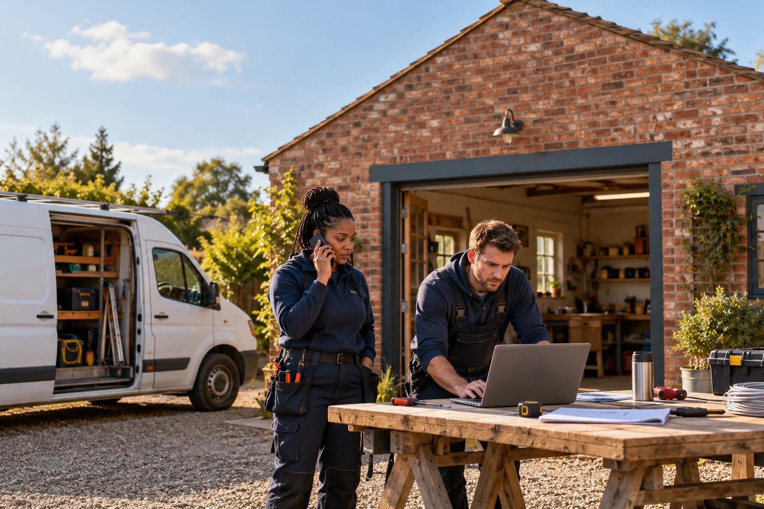 Two tradespeople checking a laptop and making a phone call beside a work van.