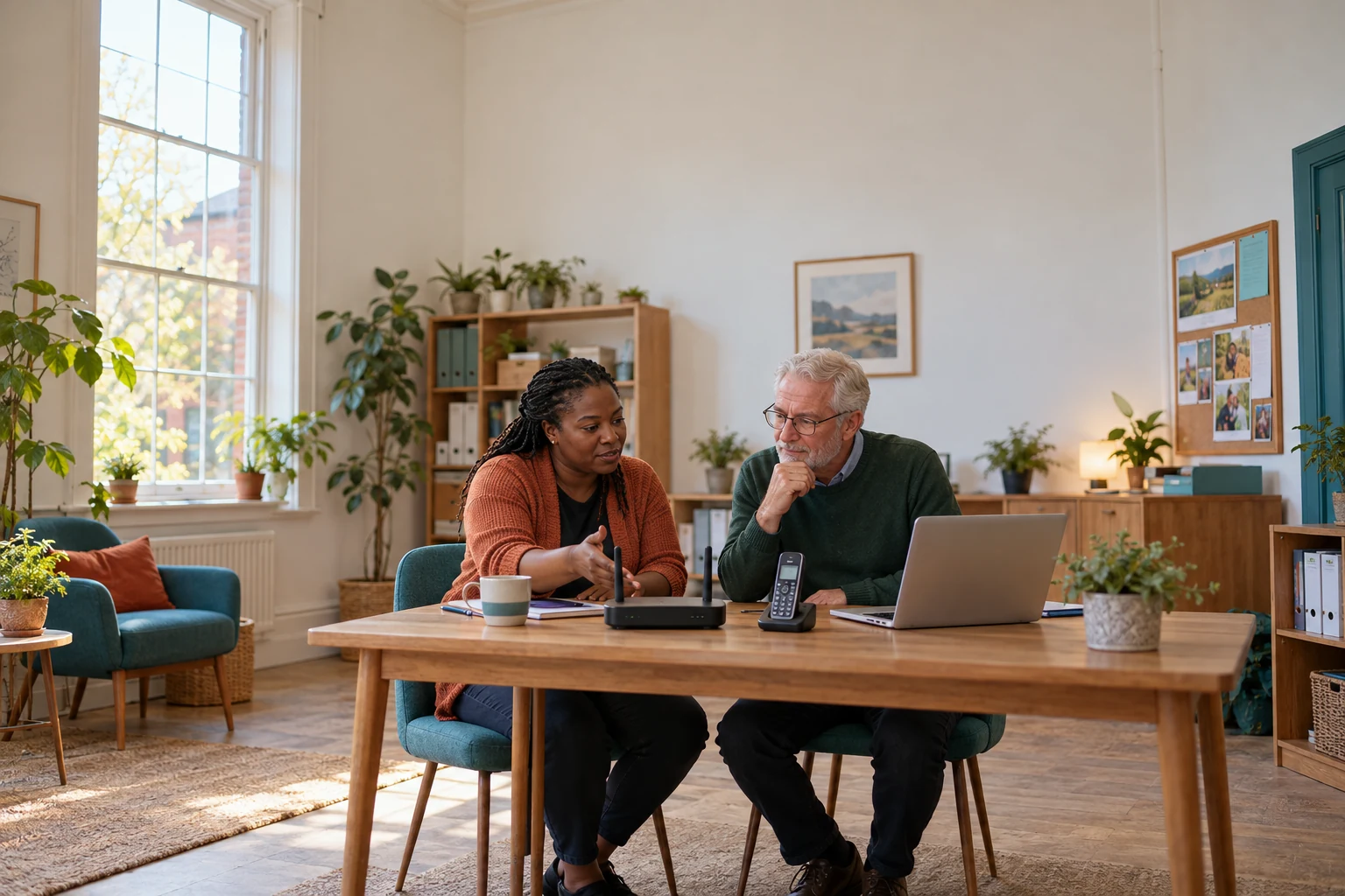 Two colleagues reviewing a router, telephone and laptop at a charity office table.