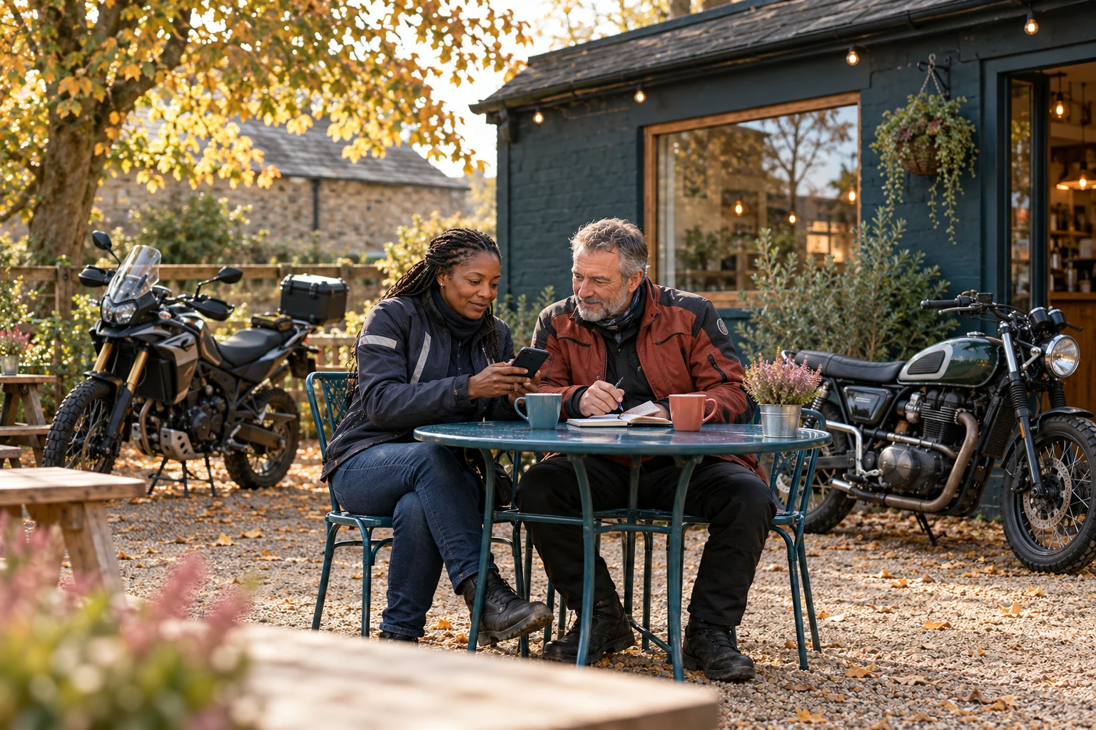Two motorcyclists checking a phone and notebook at a cafe table, with motorcycles parked nearby.