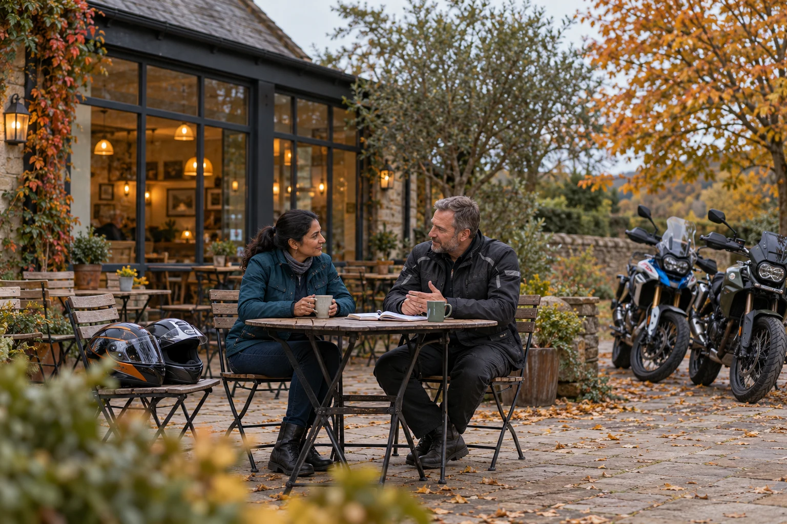 Two motorcyclists talking over a notebook and tea outside a cafe, with bikes parked nearby