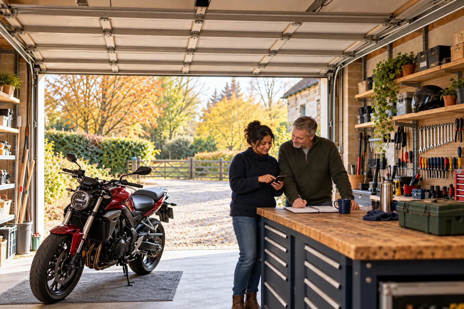 Two motorcyclists checking a phone and notebook in a garage beside a parked red motorbike.