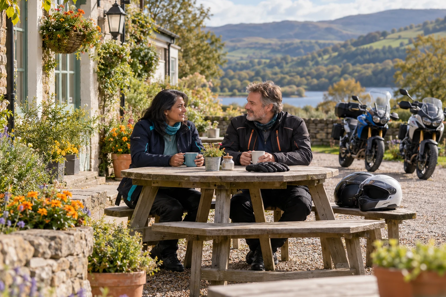 Two motorcyclists taking a break over mugs at a countryside cafe, with their bikes parked nearby.