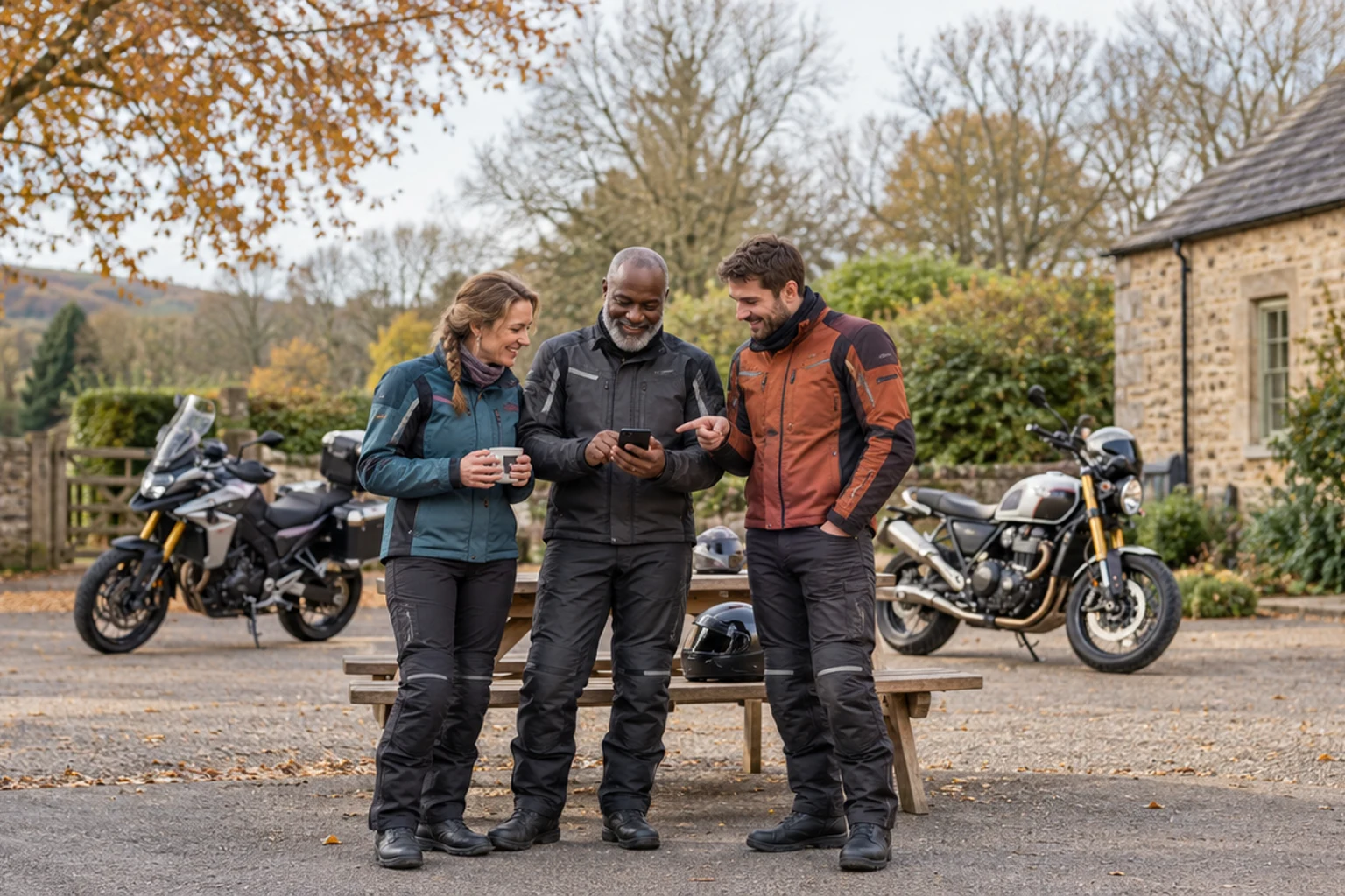 Three motorcyclists looking at a smartphone in a village courtyard, with bikes parked nearby.