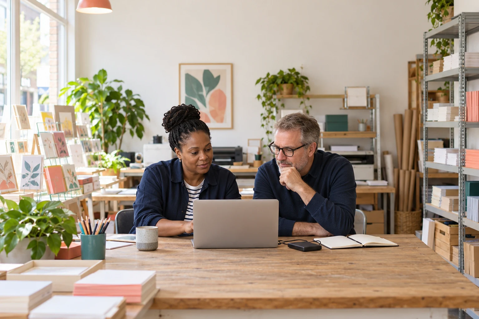 Two colleagues reviewing a laptop beside an external drive in a stationery shop.