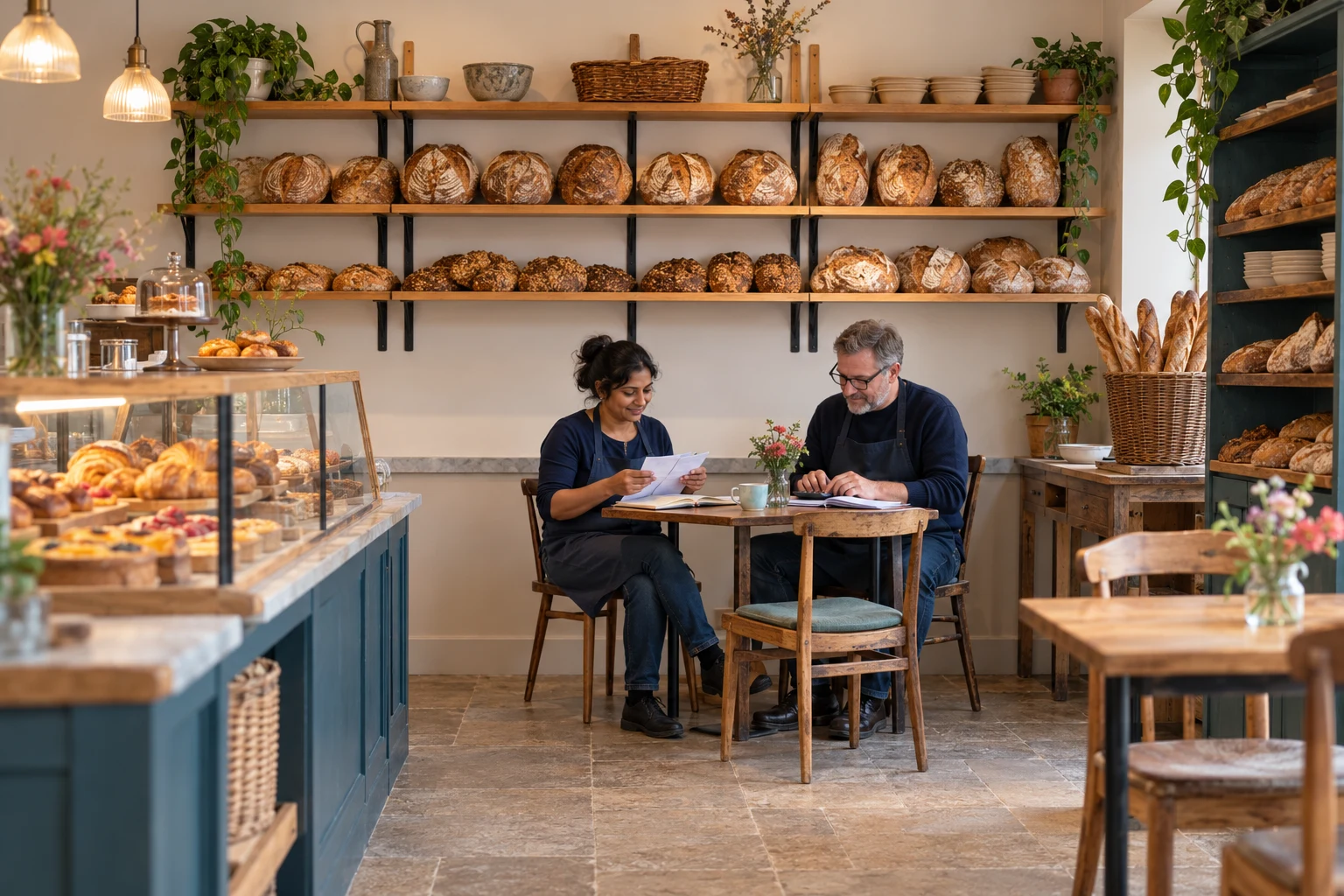 A woman and man reviewing paperwork together at a table in a small bakery.