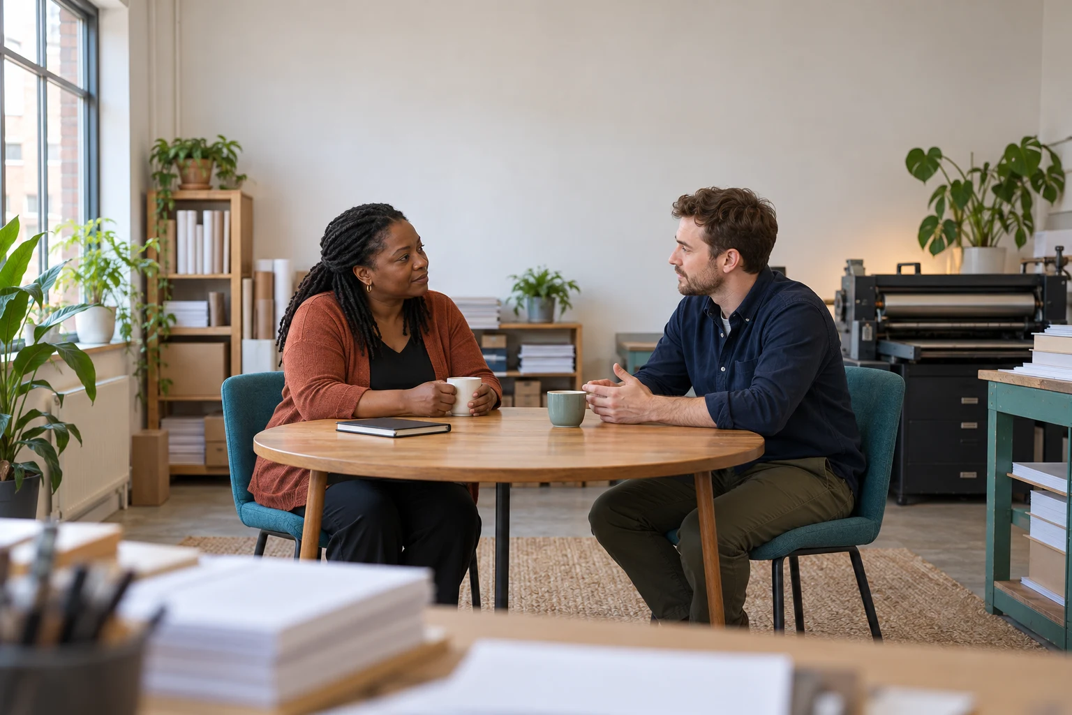 Two adults talking privately at a table in a small print shop office.