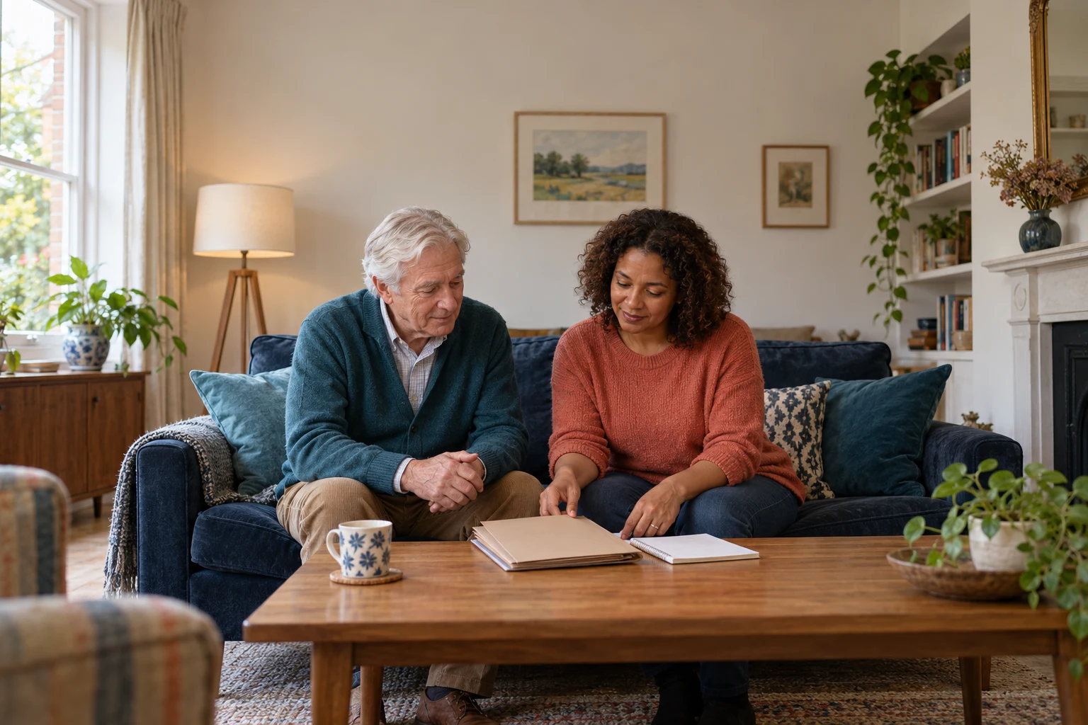 Two adults sitting together on a sofa, reviewing paperwork and a notebook on a coffee table.