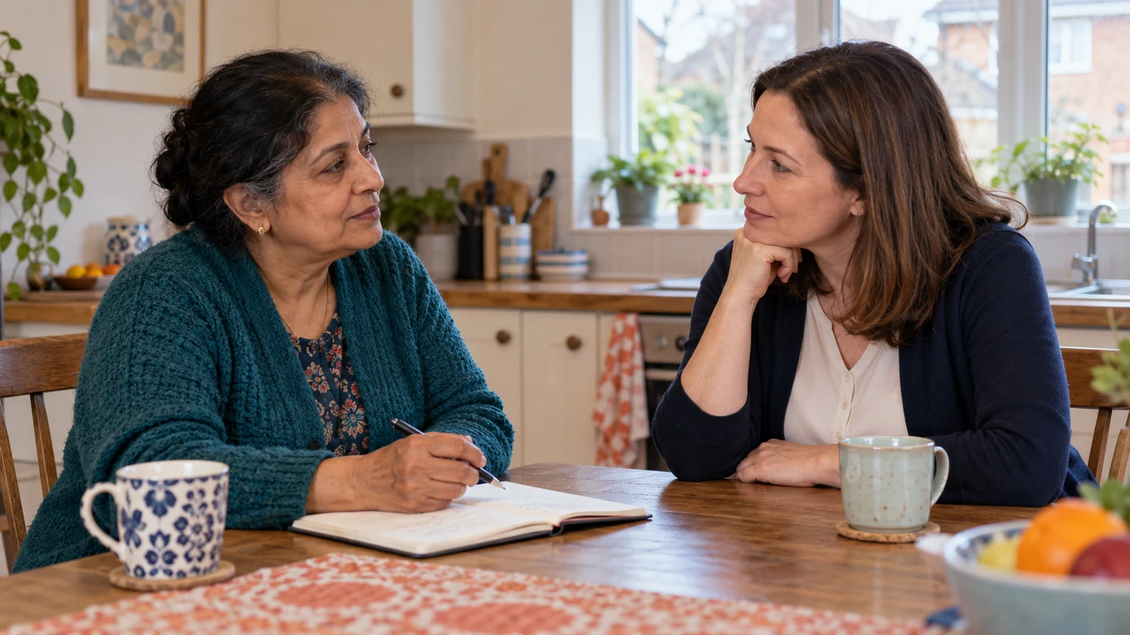 Two women discussing a notebook at a kitchen table.