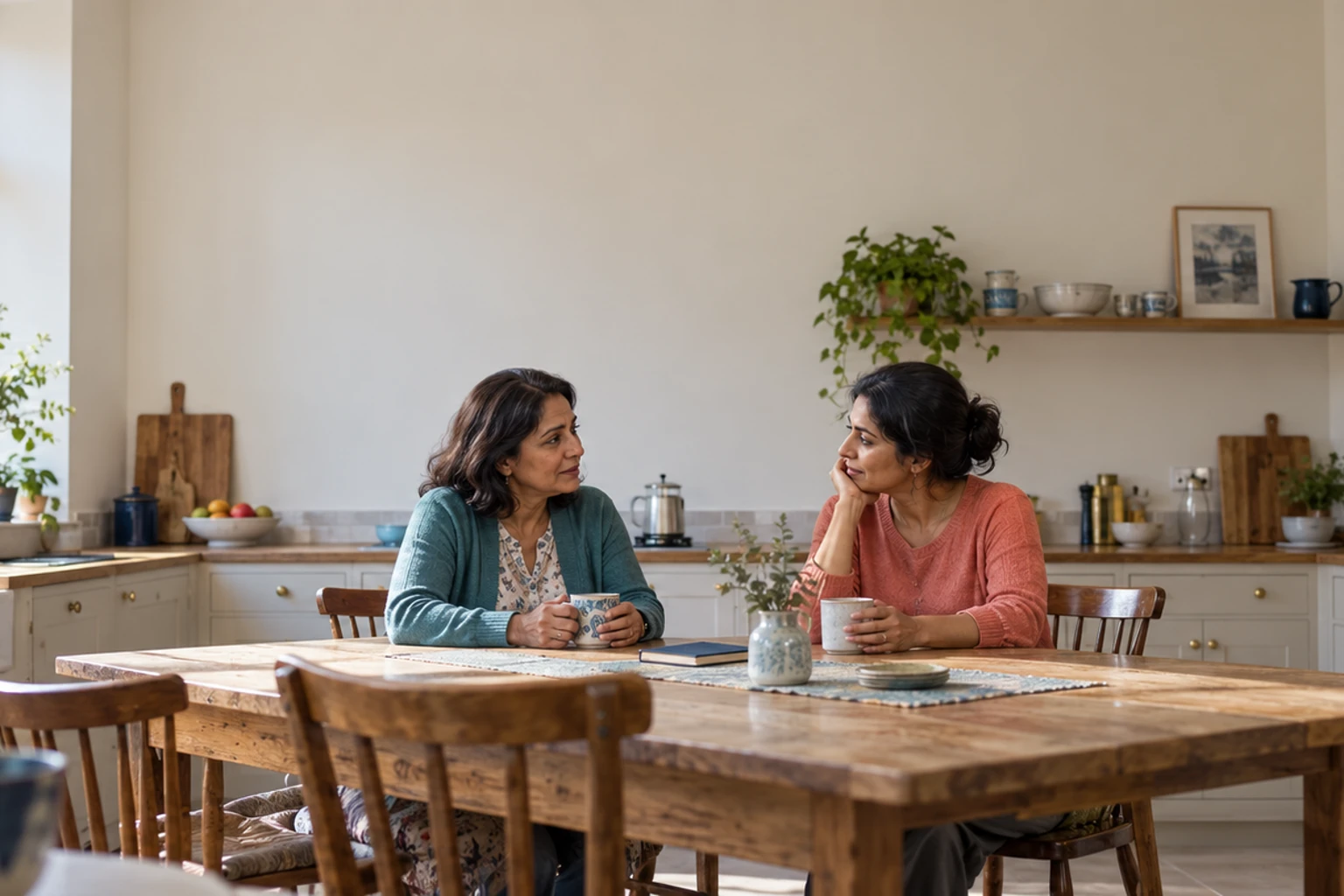Two women talking over mugs at a kitchen table in morning light.