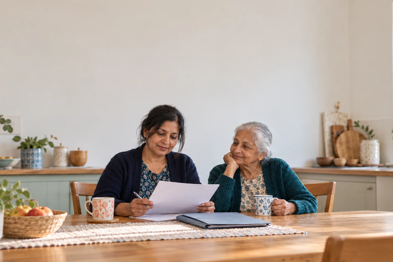A woman reviewing paperwork at a kitchen table beside an older woman with a mug.