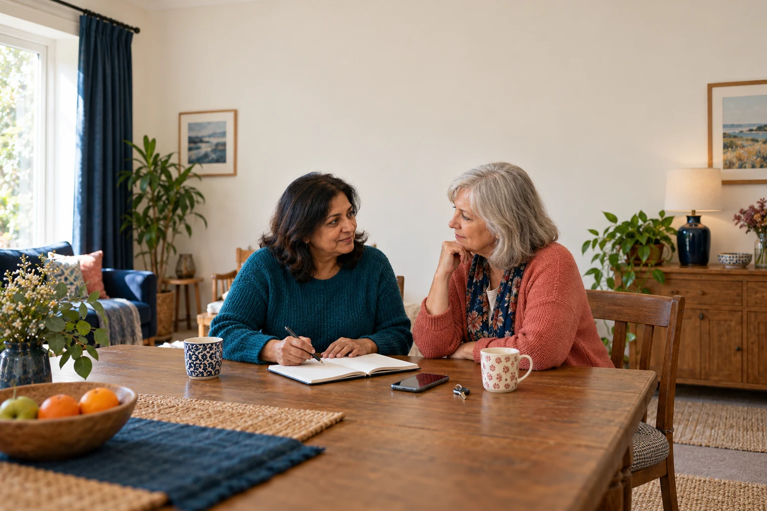 Two women discussing a notebook at a dining table with a phone and house key.