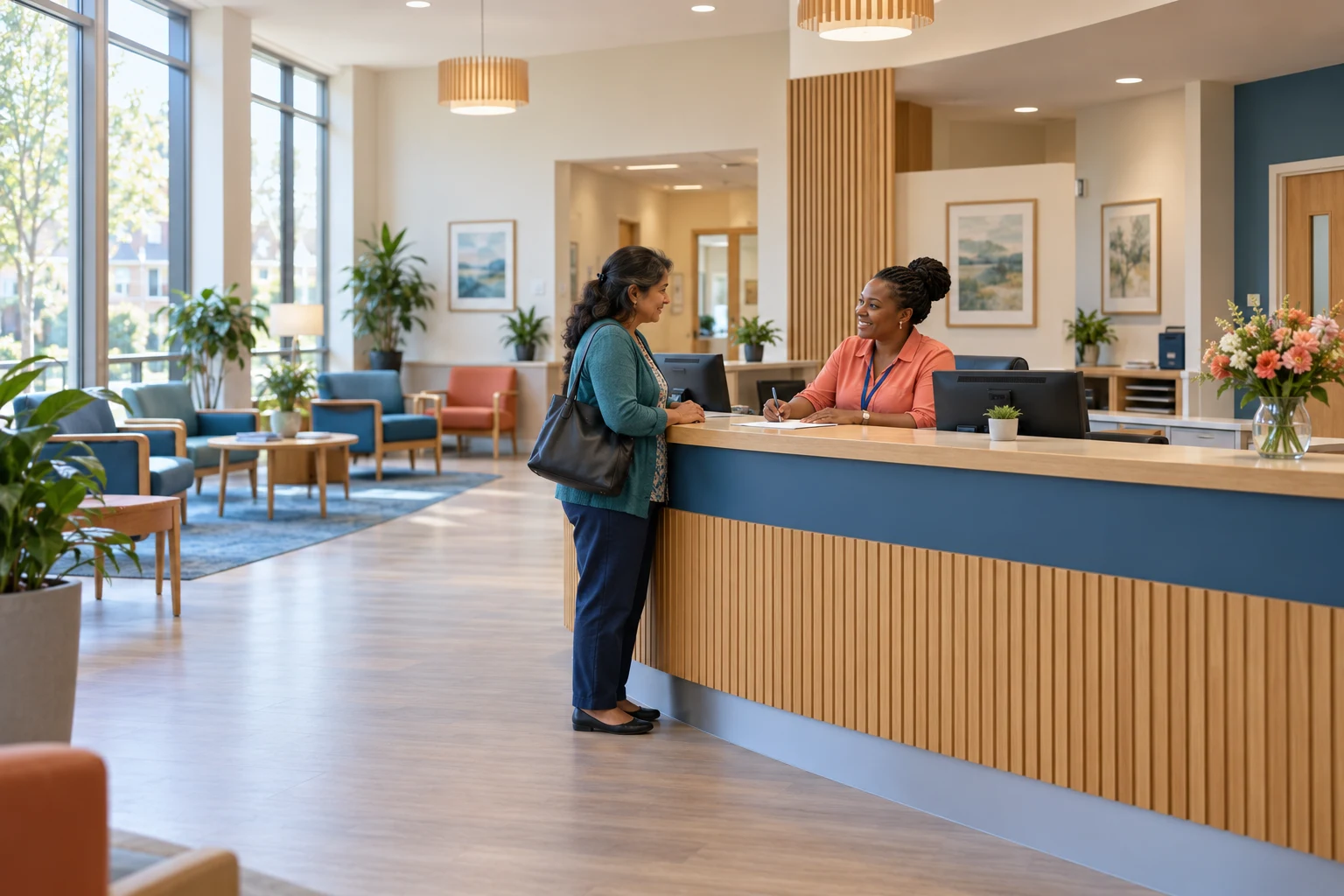 A woman speaking with a receptionist over a paper form at a GP practice.