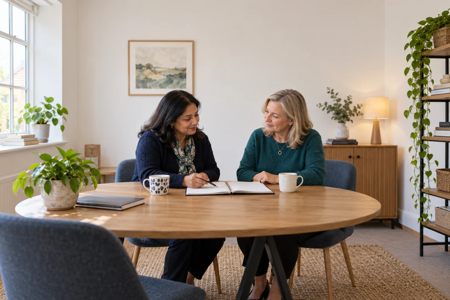 Two women reviewing an open diary together at a small office table.