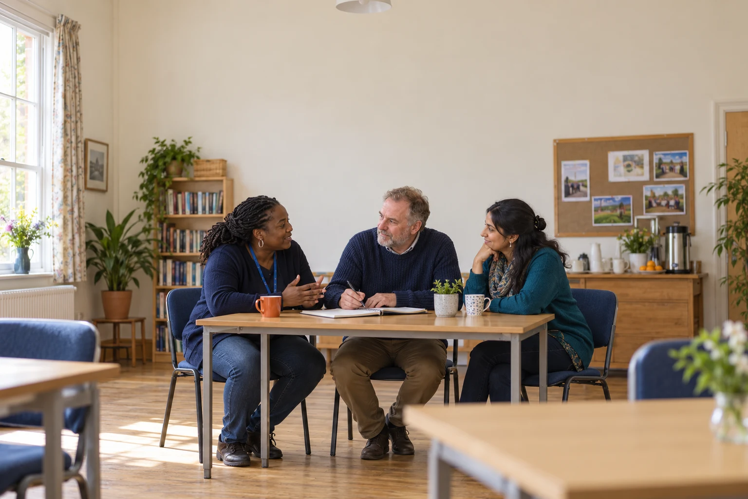 Three adults discussing an open notebook at a table in a community centre.