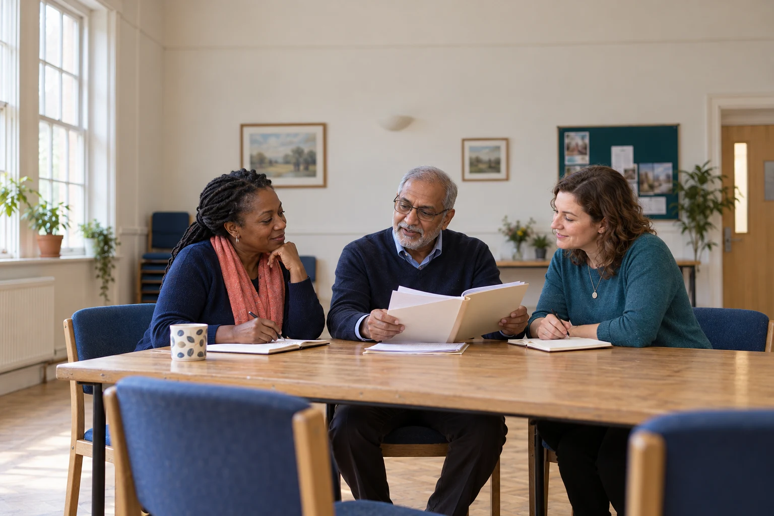Three adults reviewing a folder and taking notes at a community centre table.
