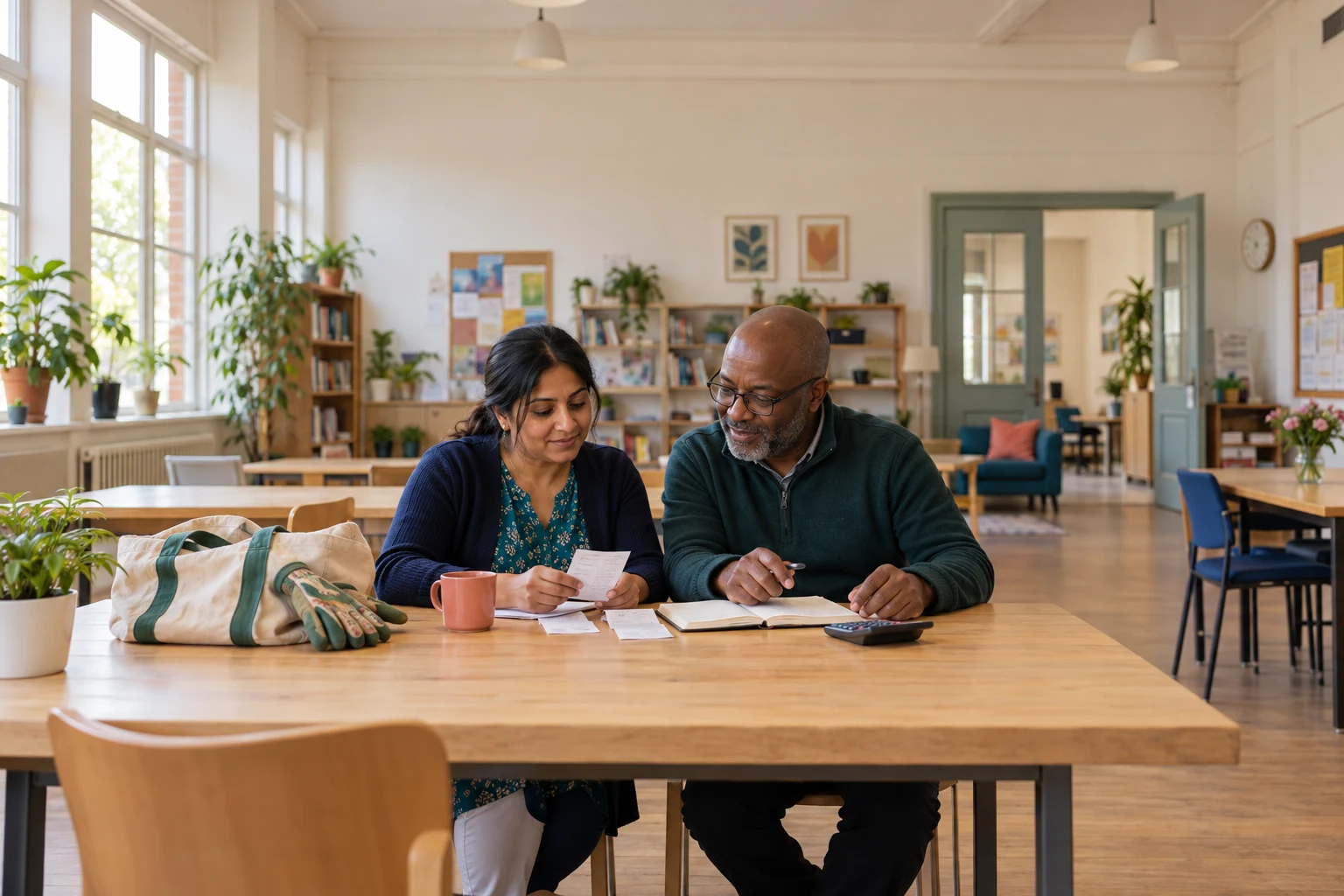 Two adults reviewing receipts and a notebook at a community centre table.