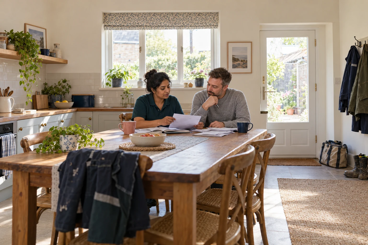 Two adults reviewing household paperwork and a notebook at a kitchen table, with work clothes and a tool bag nearby.
