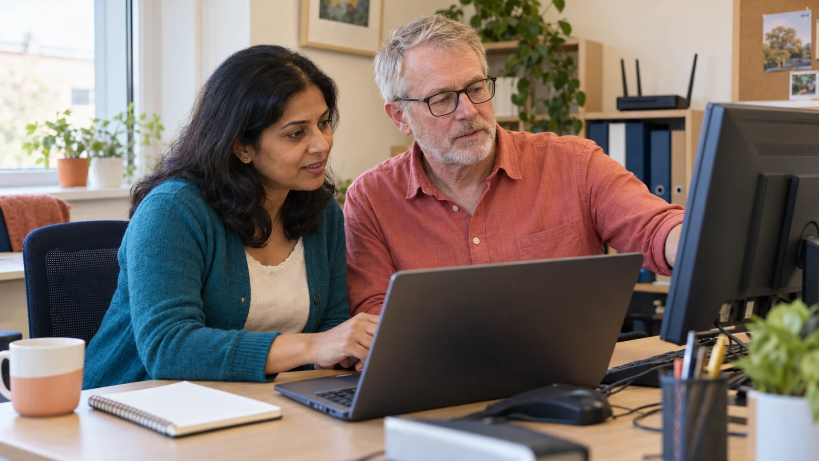 AI-generated illustration of two adults checking a laptop and desktop computer in a small charity office.