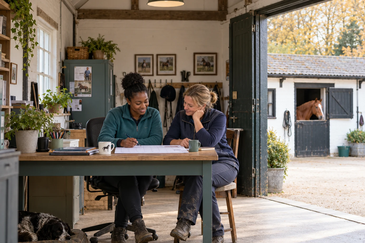 Two yard workers reviewing a calendar at a stable office desk, with a horse in the courtyard behind.