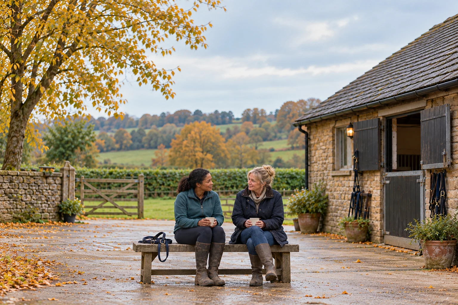 Two women talking over mugs on a bench beside a stable courtyard.