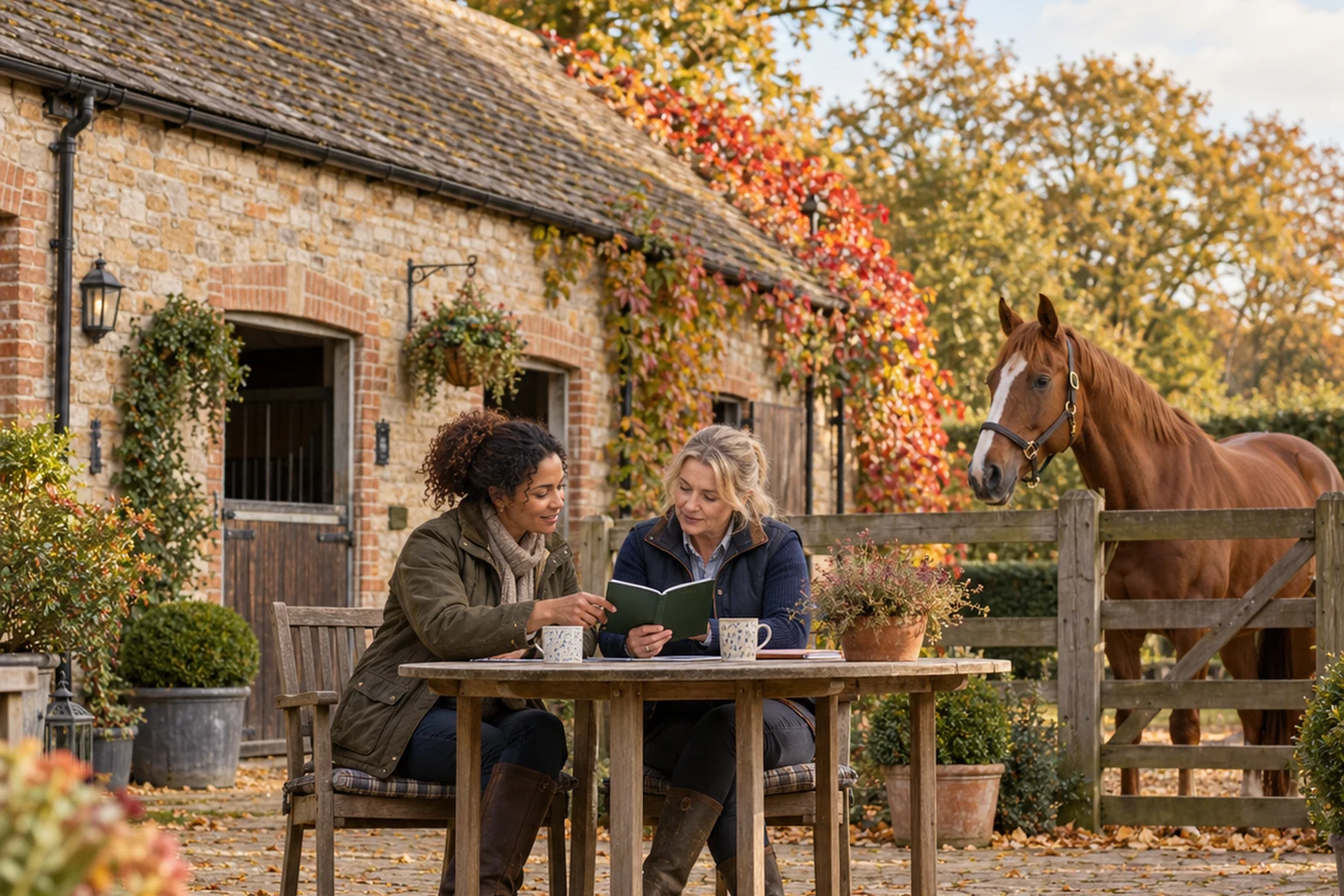 Two women looking at a green booklet at a stable courtyard table, with a chestnut horse behind the fence.