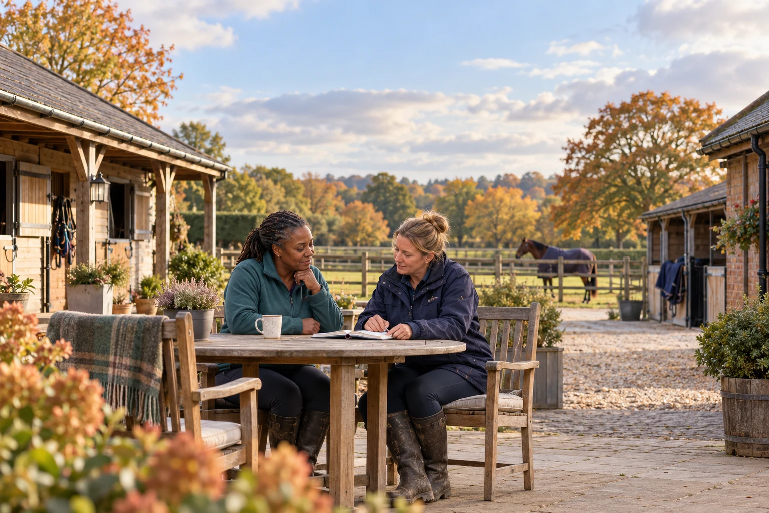 Two women reviewing a notebook at a table in a stable courtyard, with a horse in the paddock behind.