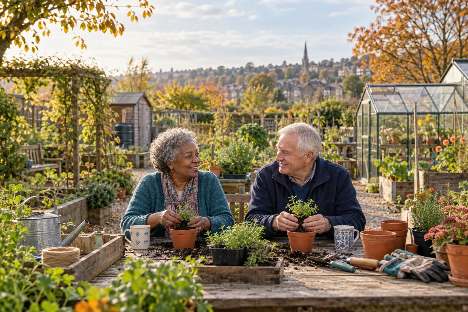 Two older adults talking while potting herbs at a community garden bench