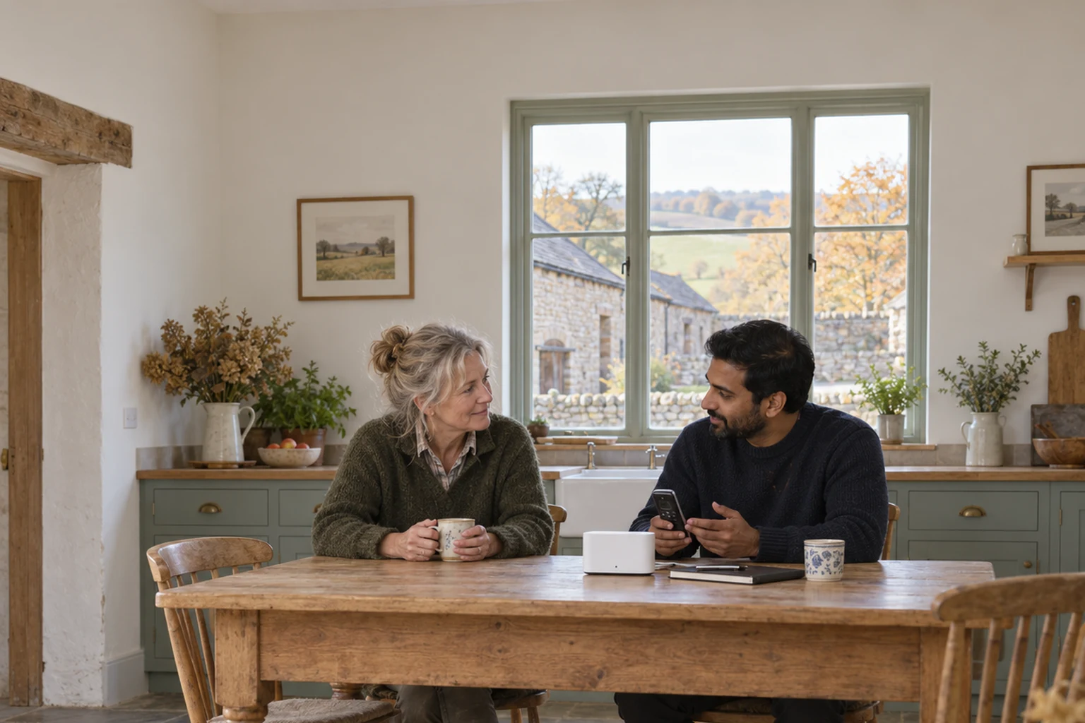 Two people discussing a cordless phone and router at a farmhouse kitchen table.