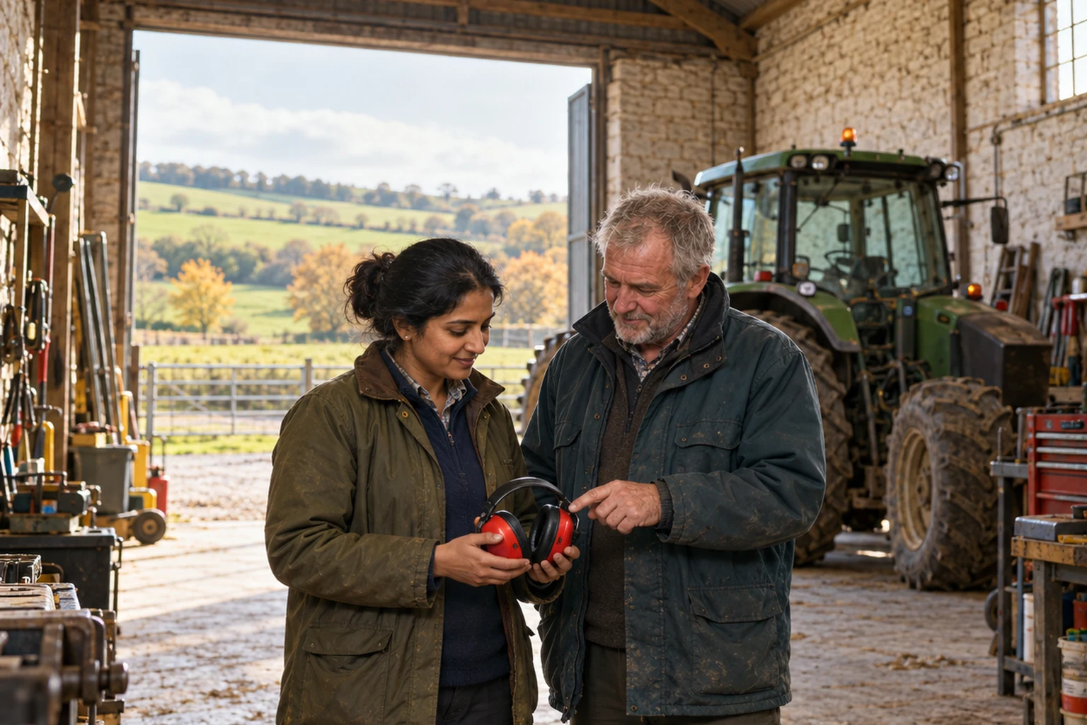 Two farmers checking red ear defenders beside a parked tractor in a stone farm workshop.