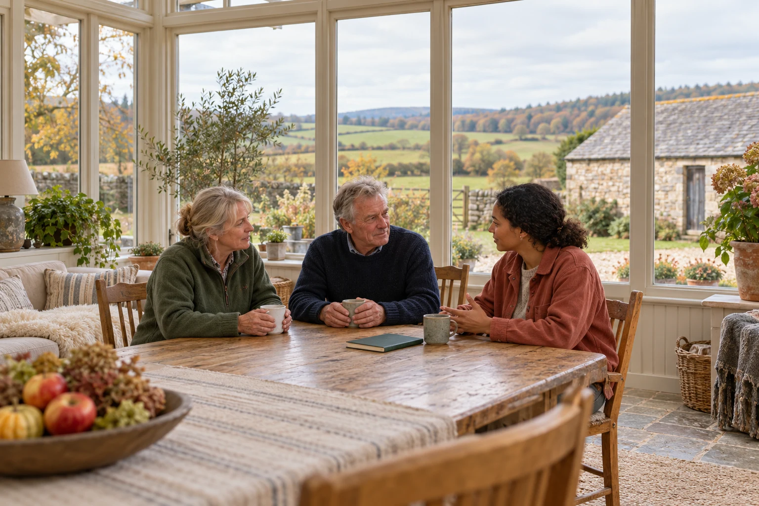 Three people talking over mugs and a notebook at a farmhouse table.