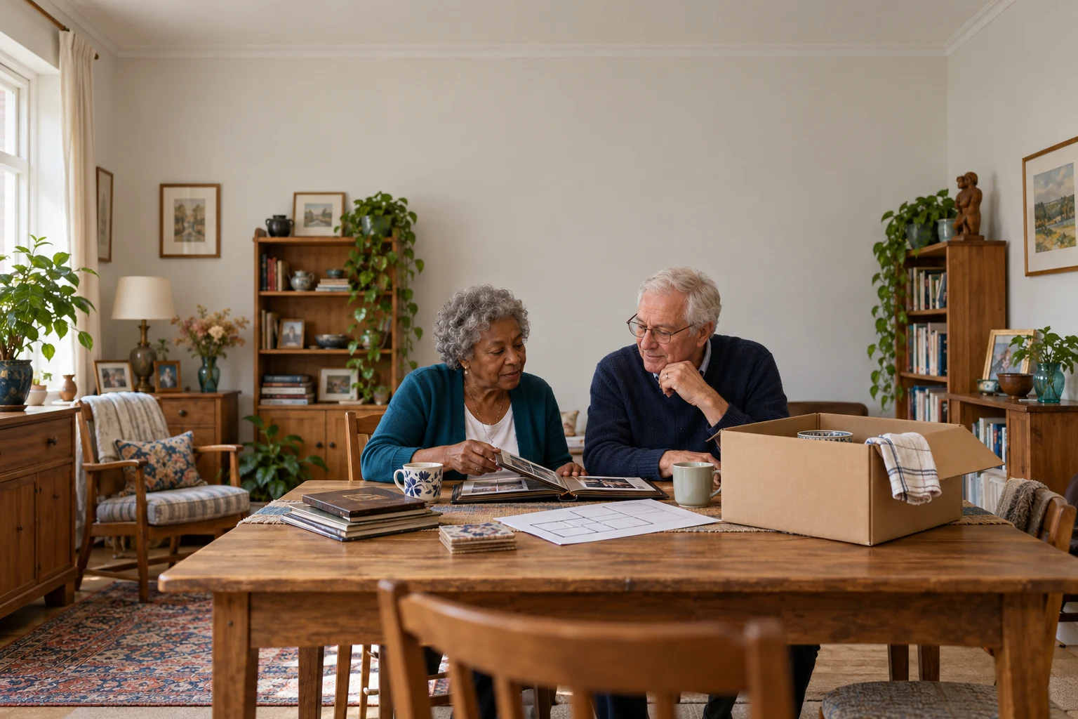Two older adults looking through a photograph album beside a packing box at home.