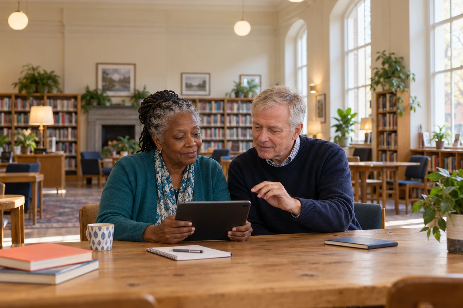 An older woman using a tablet alongside a man at a library table.