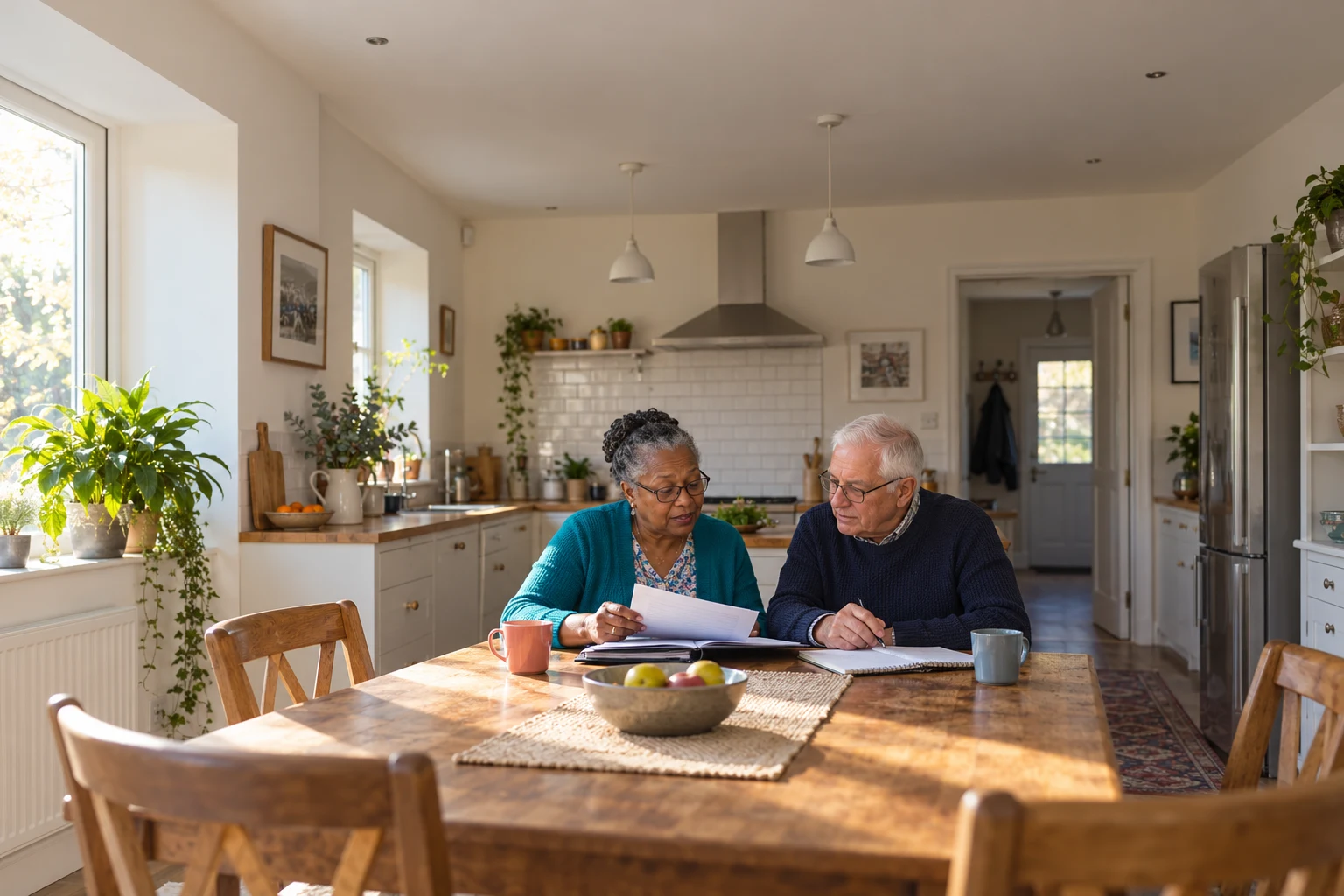 Two older adults reviewing paperwork together at a kitchen table.