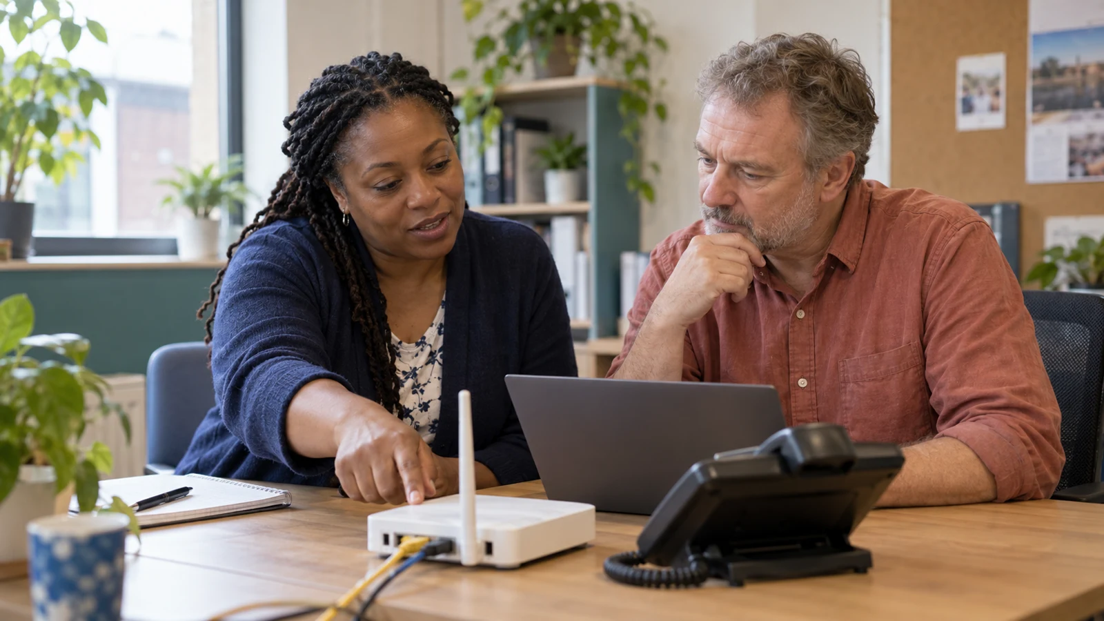 AI-generated illustrative scene of two adults reviewing a router, desk phone and laptop in a small charity office.