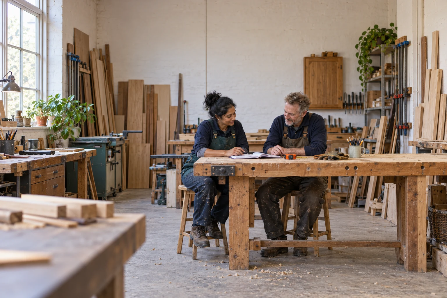 Two tradespeople reviewing an appointment diary at a joinery workshop bench.