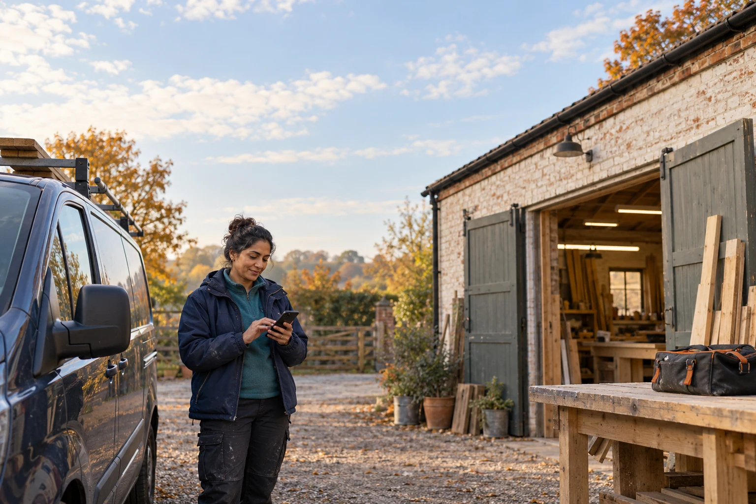 A tradeswoman using her phone beside a work van outside a brick workshop.