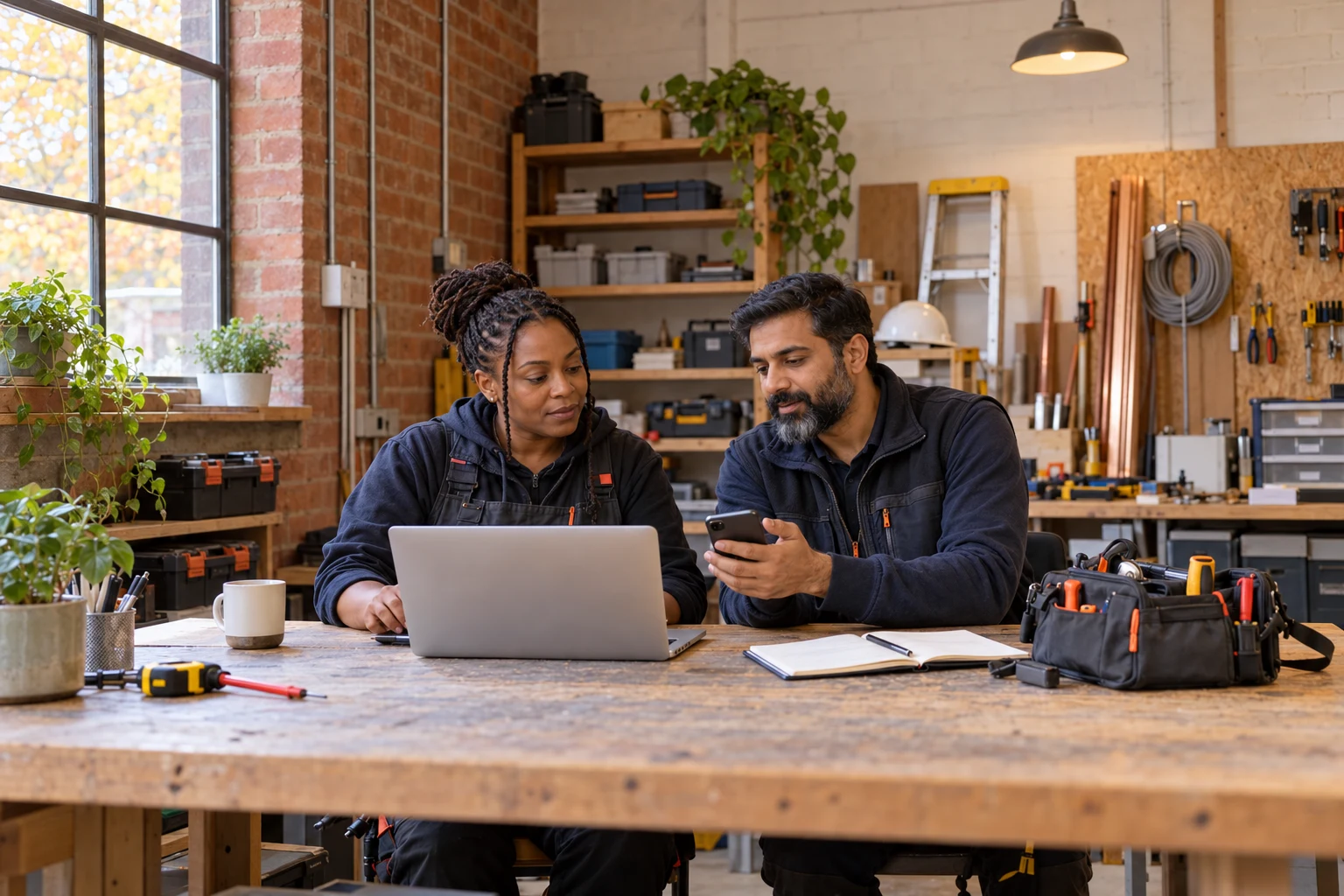 Two tradespeople using a laptop and a phone together at a workshop bench.