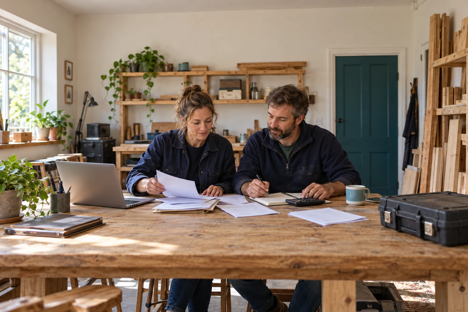 Two tradespeople reviewing paperwork and a calculator at a workshop table.