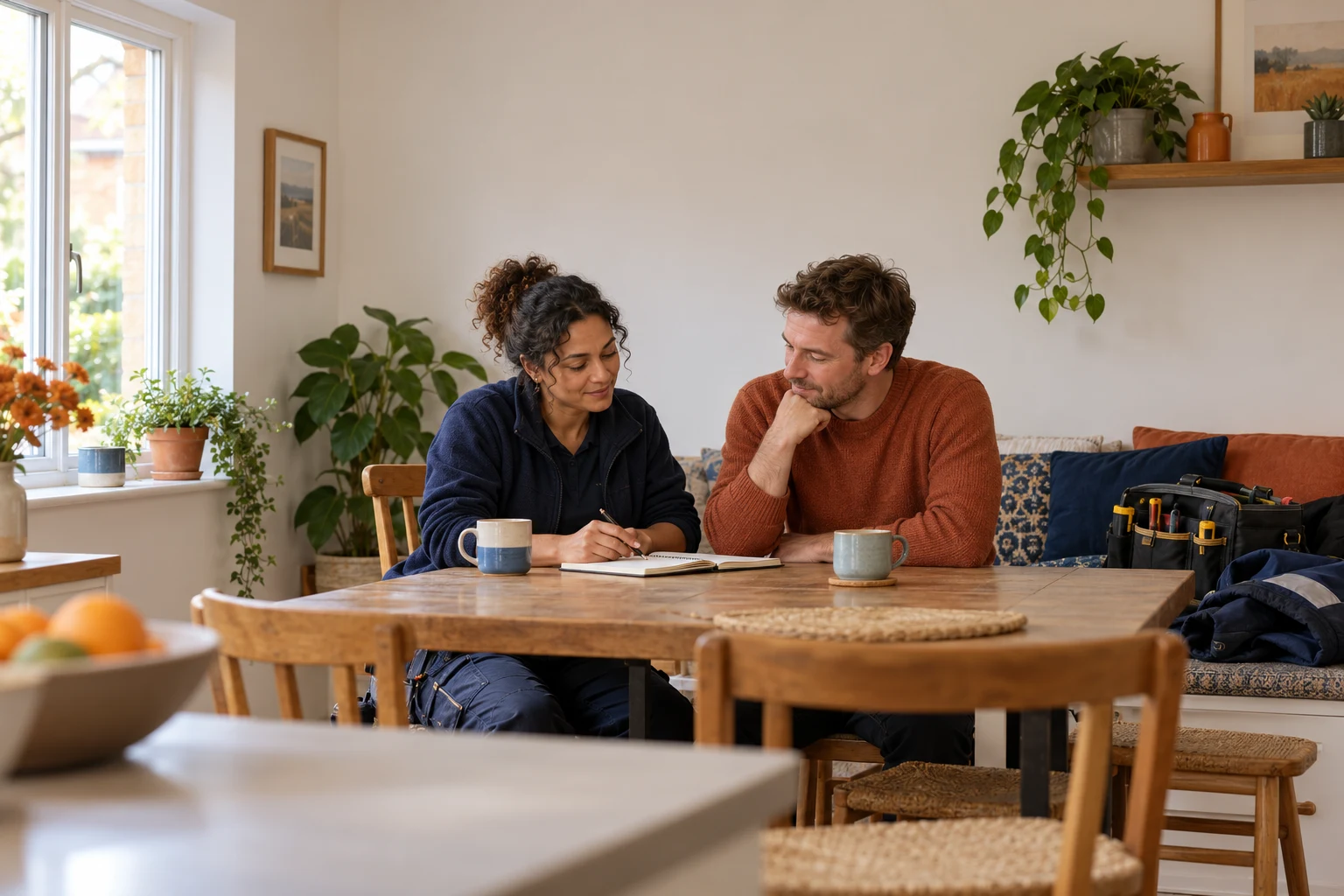 A tradeswoman and her partner reviewing a notebook at a kitchen table with mugs and a tool bag nearby.