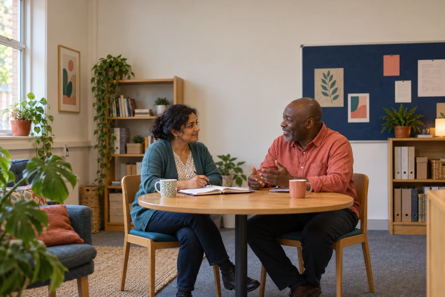 A woman and man talking over an open diary and cups of tea in a community centre.