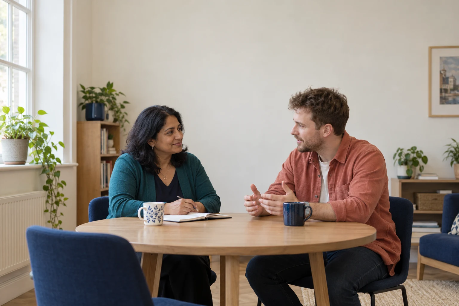 Two colleagues talking across a round table in a light workplace, with a notebook and mugs.