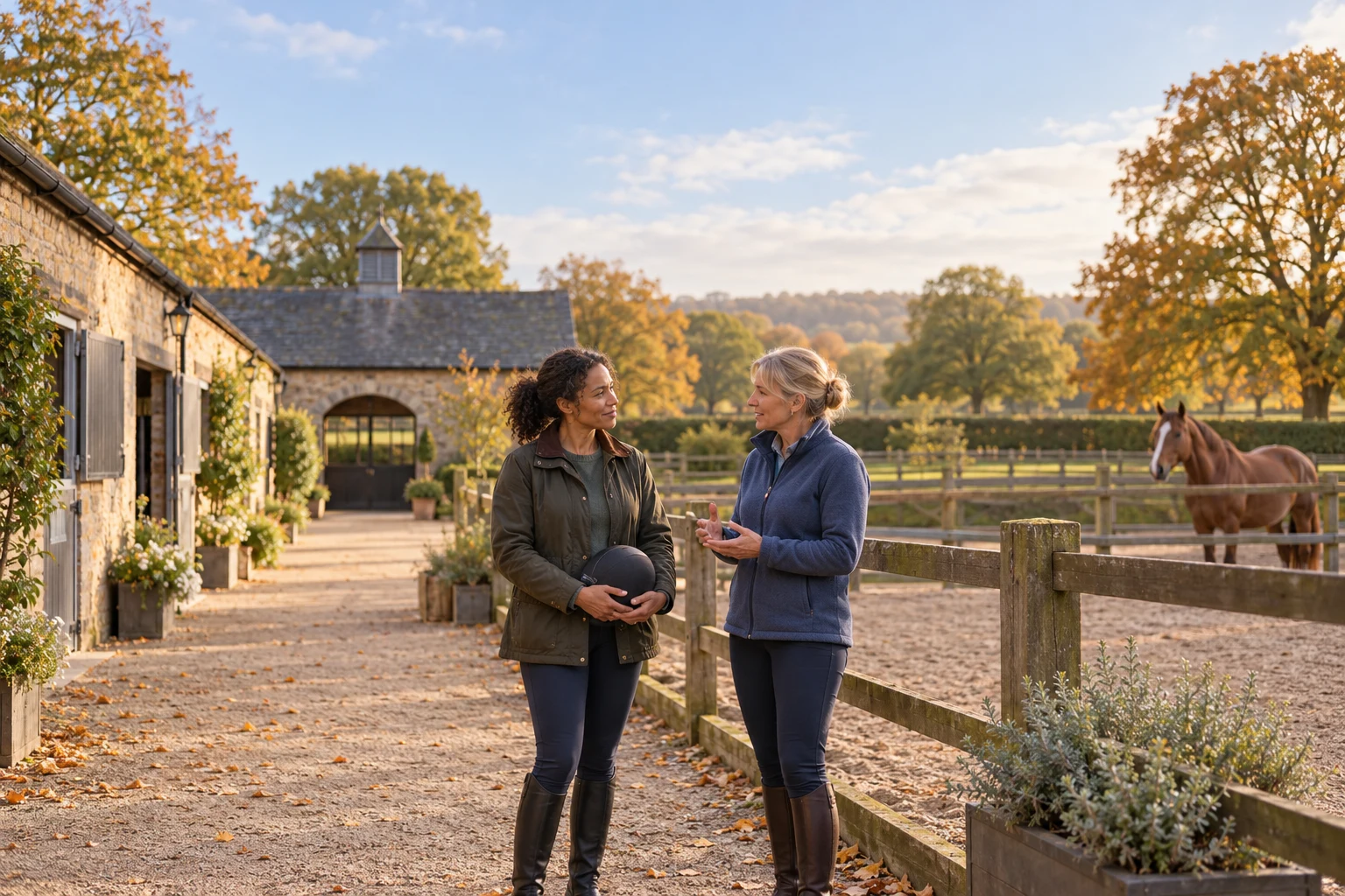 Two women talking in a stable courtyard, one holding a riding helmet, with a horse behind the fence.