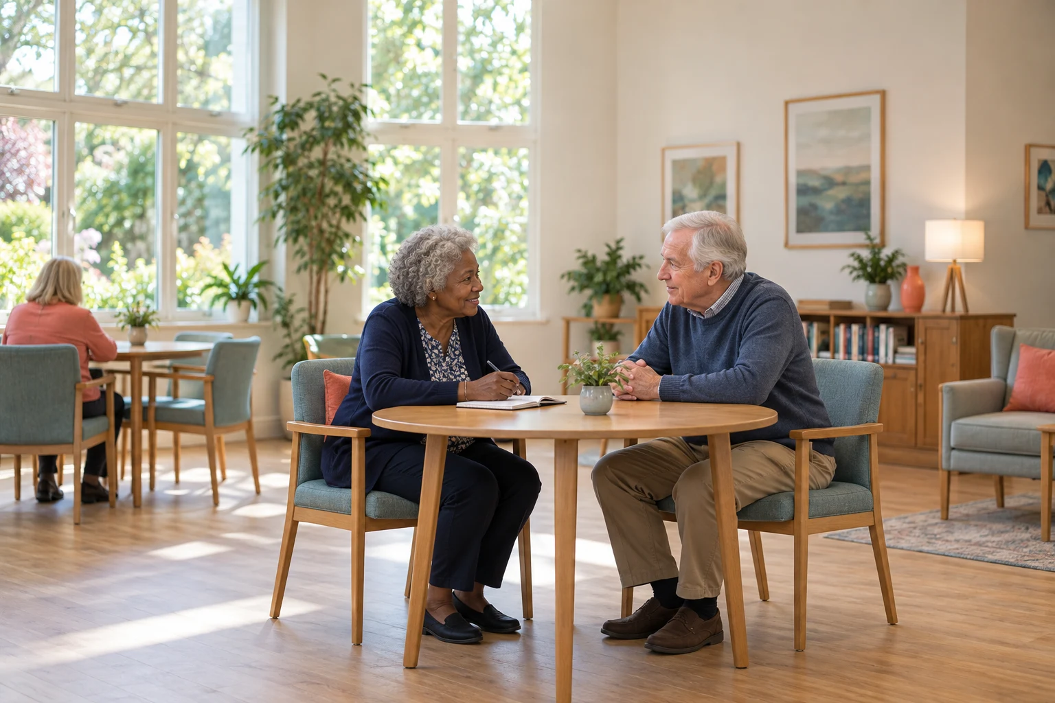 Two older adults talking face to face over a notebook at a community centre table.
